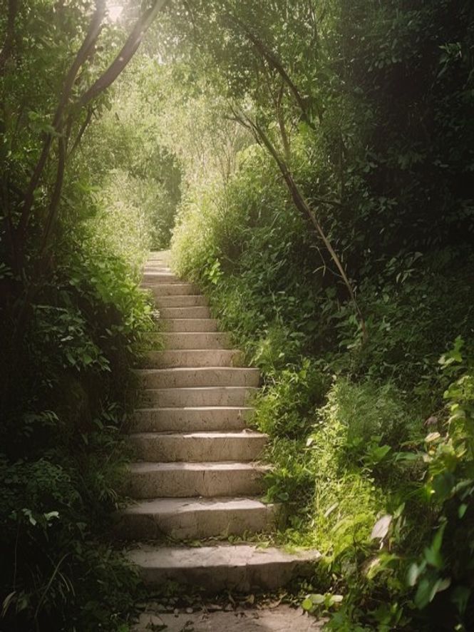Sunlit stone steps descending into a green garden area